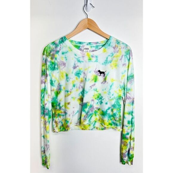 PINK Shirt Womens Cropped Long Sleeve Crewneck Tie Dye Shirt Size S - Picture 1 of 7